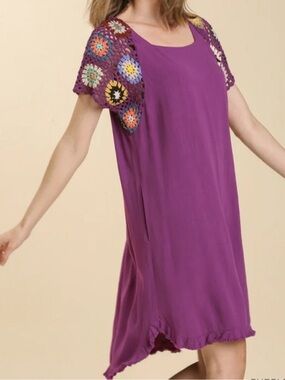 Umgee Purple Linen Cotton Crochet Granny Square Cap Sleeve Mini Dress Size Large